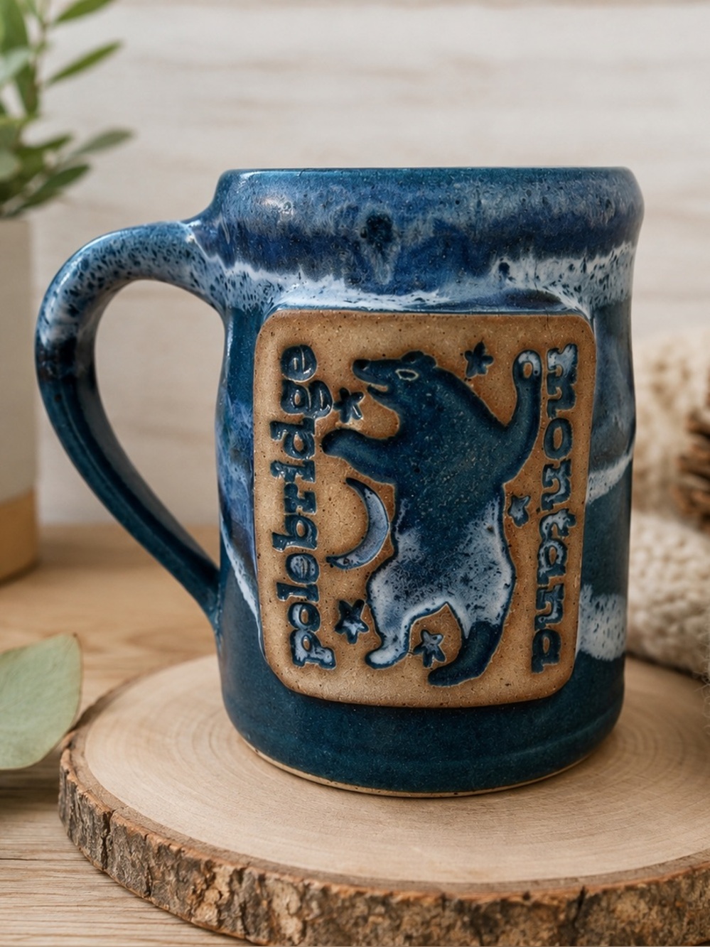 Whitefish Pottery Blue Bear Montana Blue Glazed Pottery Mug Polebridge Montana